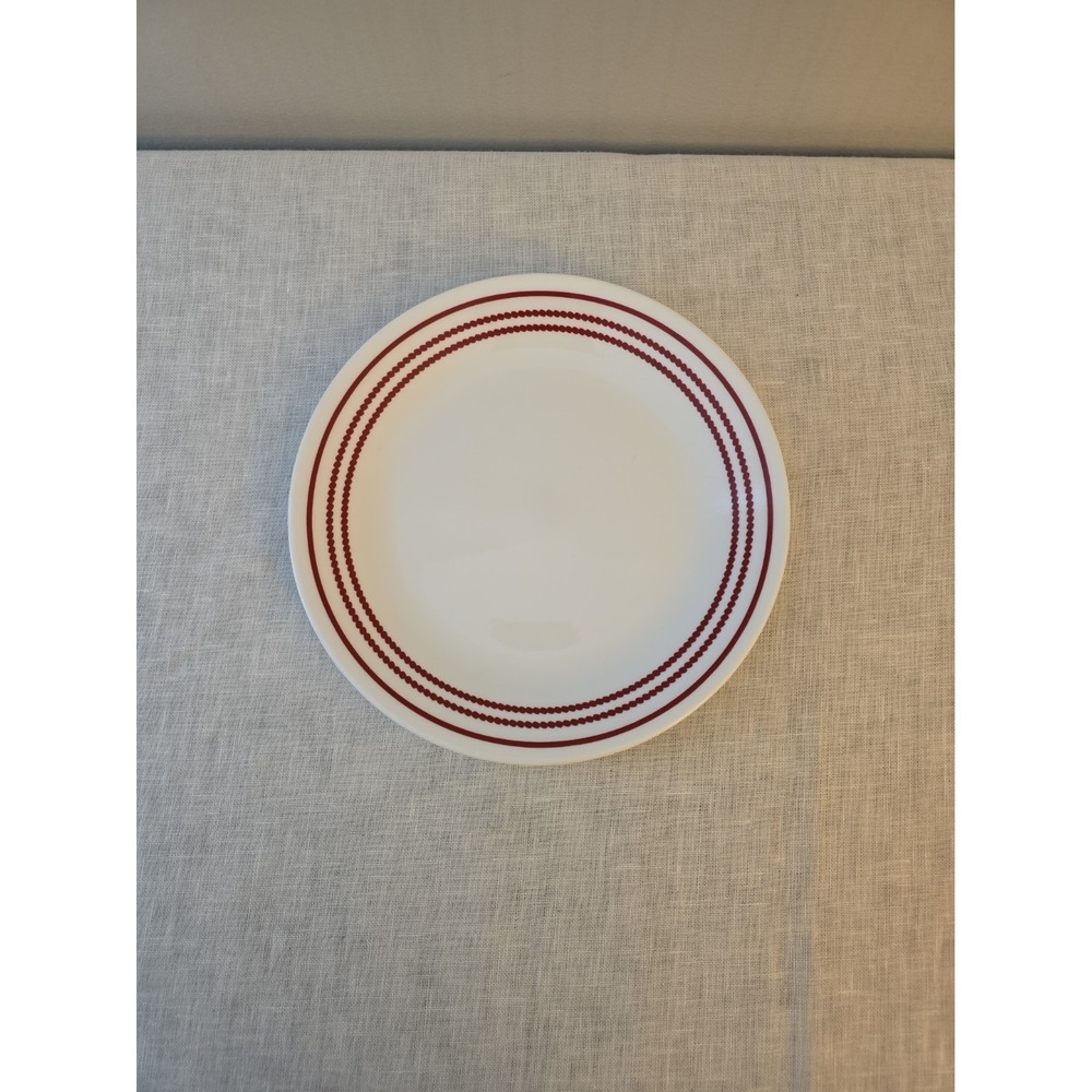 CORELLE 'RUBY RED' 2~8.5" LUNCHEON PLATES RED DOTTED BANDS ON WHITE HTF‎